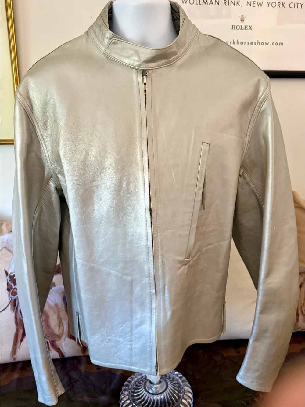 Men's Light Gray/Silver Leather  Zip-Front Motorcycle Style Jacket